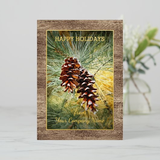 Pinecone Pine Needles Greenery Waterverf Gold Folie Feestdagenkaart (Staand Voorkant)