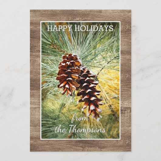 Pinecone Pine Tree Needles Greenery Waterverf Feestdagenkaart (Voorkant)