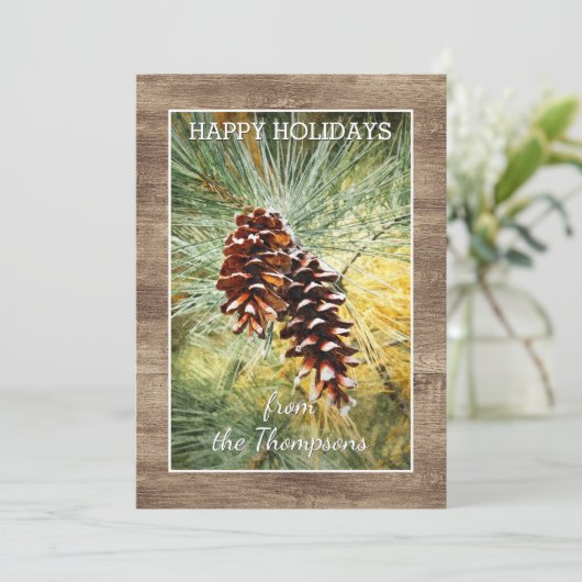 Pinecone Pine Tree Needles Greenery Waterverf Feestdagenkaart (Staand voorkant)
