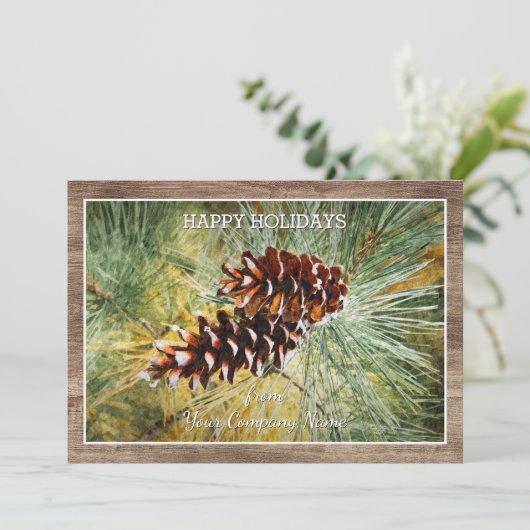Pinecone Pine Tree Needles Greenery Waterverf Feestdagenkaart (Staand voorkant)
