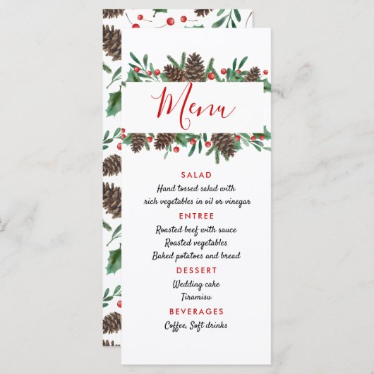 Pinecone Red Berry Kerstmis Modern Wedding Menu (Voorkant / Achterkant)