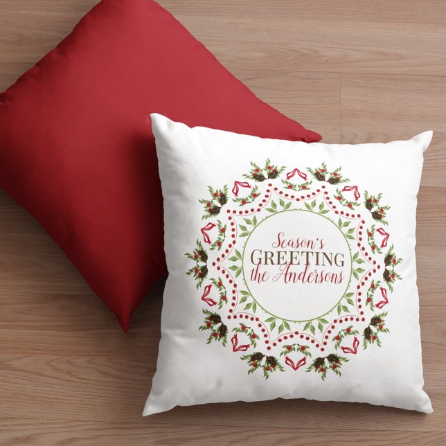 Pinecone Red Kerstmis Holly Elegant Mandala Kussen (Season's Greeting holiday decorative throw pillow)