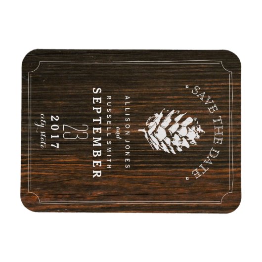 Pinecone Schuur Hout Save the Date Magneet (Horizontaal)