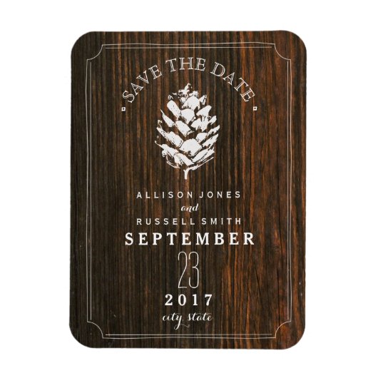 Pinecone Schuur Hout Save the Date Magneet (Verticaal)