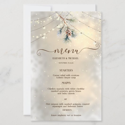 Pinecone String Lights Winter  Wedding Menu Card (Voorkant)