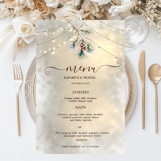 Pinecone String Lights Winter  Wedding Menu Card