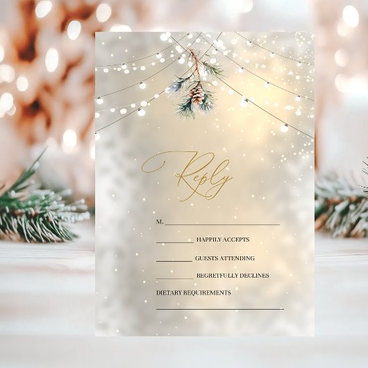 Pinecone String Lights Winter Wedding RSVP Kaart