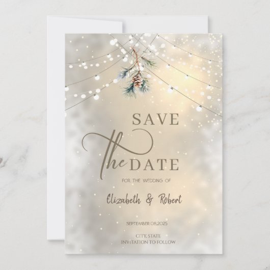 Pinecone String Lights Winter Wedding Save The Dat Date (Voorkant)