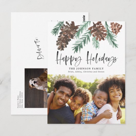 Pinecone Waterverf Holiday Foto Briefkaart (Voorkant / Achterkant)