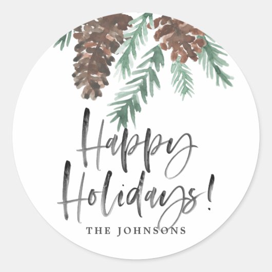 Pinecone Waterverf Prettige feestdagen Familienaam Ronde Sticker (Voorkant)