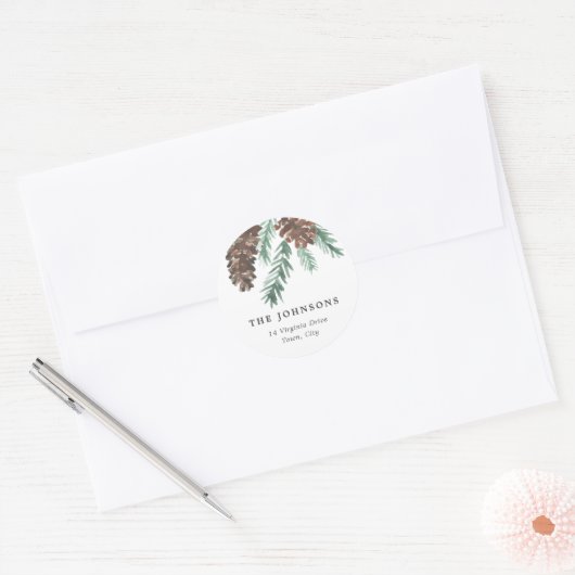 Pinecone Waterverf retouradres Ronde Sticker (Envelop)