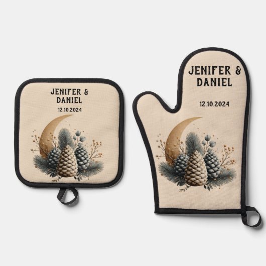 Pinecones and Crescent Moon Winter Love Ovenwant & Pannenlap Set (Voorkant)