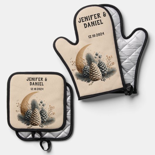 Pinecones and Crescent Moon Winter Love Ovenwant & Pannenlap Set (Voorkant / Achterkant)