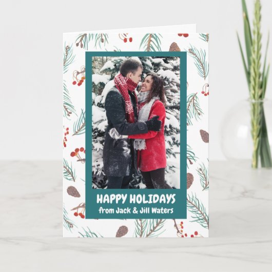 Pinecones Berries Winter CUSTOM PHOTO Holiday Kaart (Voorkant)