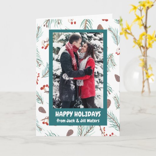 Pinecones Berries Winter CUSTOM PHOTO Holiday Kaart (Gele Bloem)