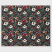 Pinecones Bessen Bloemen Kerstmis Patroon Gift Cadeaupapier (Vlak)