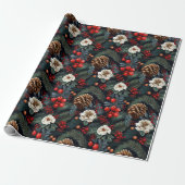 Pinecones Bessen Bloemen Kerstmis Patroon Gift Cadeaupapier (Uitgerold)