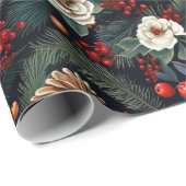 Pinecones Bessen Bloemen Kerstmis Patroon Gift Cadeaupapier (Rol Hoek)