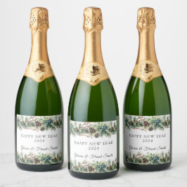 Pinecones Bessen Garland GELUKKIG NIEUWJAAR Sparkling Wijnetiket