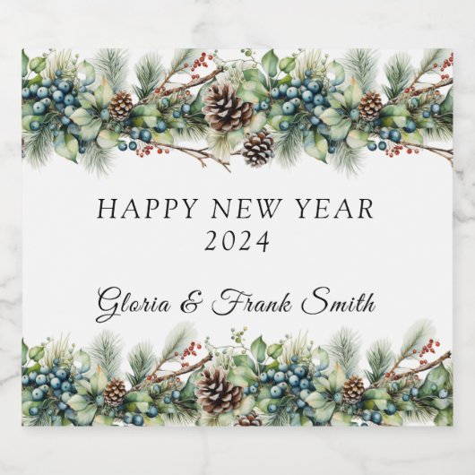 Pinecones Bessen Garland GELUKKIG NIEUWJAAR Sparkling Wijnetiket (Enkel label)