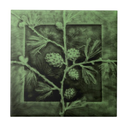Pinecones Branches Green Faux Relief Antiek Repro Tegeltje (Voorkant)