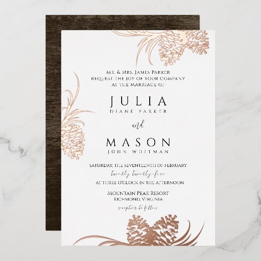Pinecones en Barn Wood Folie Invitation Folie Uitnodiging (Voorkant / Achterkant)