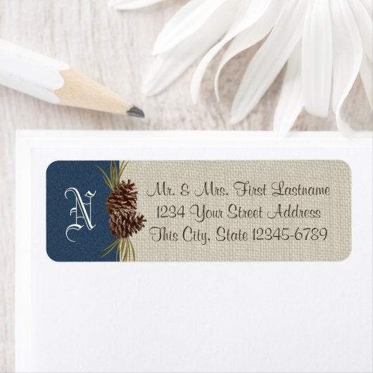 Pinecones en Burlap Navy Blue Winter Etiket (Insitu)