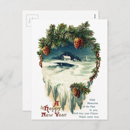 Pinecones en Wintervignet  Nieuwjaar Feestdagenkaart (Voorkant / Achterkant)