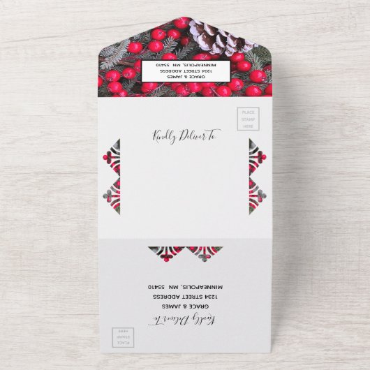 Pinecones Evergreens Red Berries Wedding All In One Uitnodiging (Buitenkant)