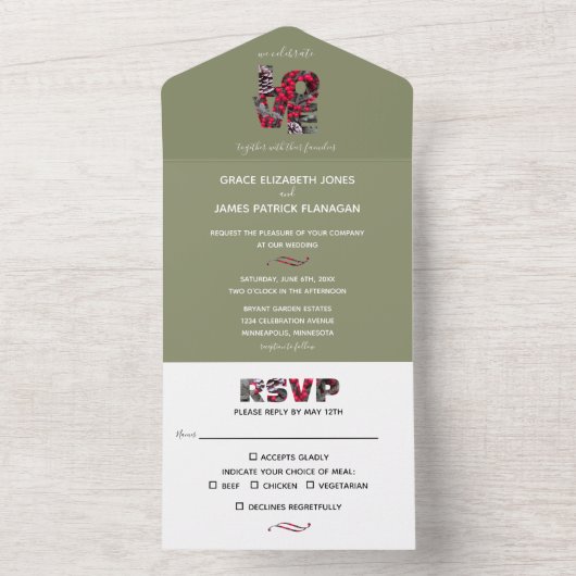 Pinecones Evergreens Red Berries Wedding All In One Uitnodiging (Binnen)