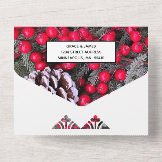 Pinecones Evergreens Red Berries Wedding All In One Uitnodiging (Achterkant)