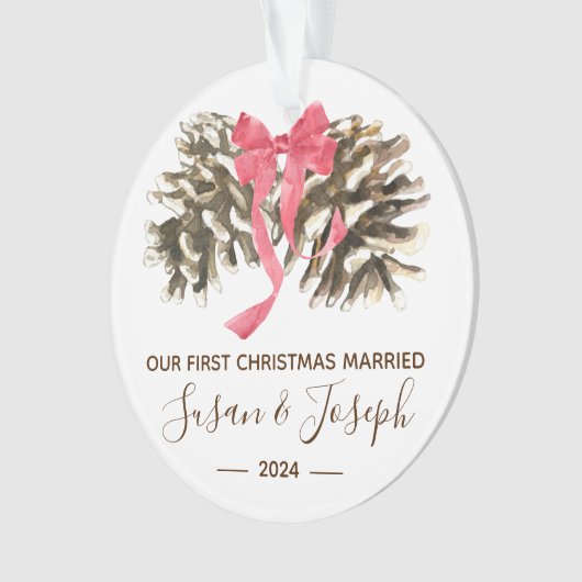Pinecones met Bow, eerste kersthuwelijk Ornament (voorkant)