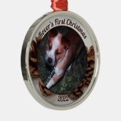 Pinecones Pet's eerste kerstfoto met jaar Metalen Ornament (Rechts)