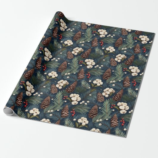 Pinecones takken blauw wit bruin Xmas patroon Cadeaupapier (Uitgerold)