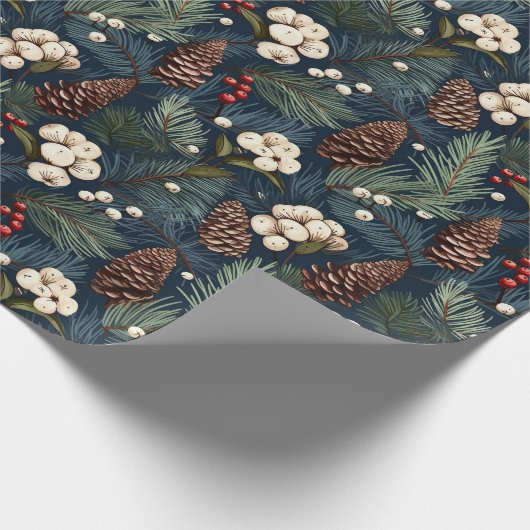 Pinecones takken blauw wit bruin Xmas patroon Cadeaupapier (Hoek)