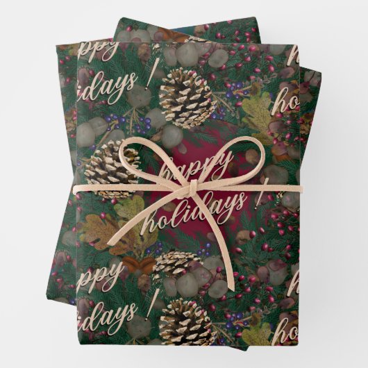 Pinecones Wreaths Prettige feestdagen Kerstmis Inpakpapier Vel (In situ)