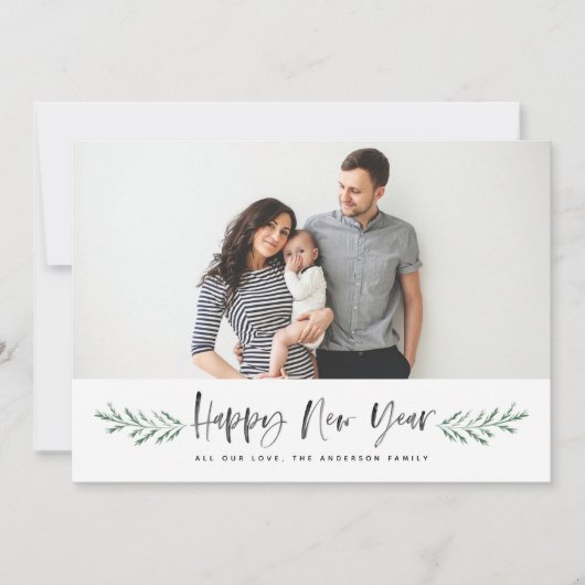 Pineneedle Happy Nieuwjaar Moderne Foto Feestdagenkaart (Voorkant)