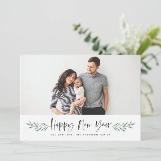Pineneedle Happy Nieuwjaar Moderne Foto Feestdagenkaart (Staand voorkant)