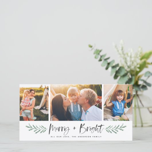 Pineneedle Merry en Bright Modern 3 Foto Collage Feestdagenkaart (Staand voorkant)