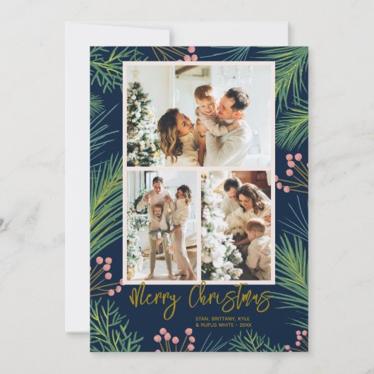Pines Berries Multi-Photo Navy Blue Kerstmis Feestdagenkaart (Voorkant)