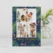 Pines Berries Multi-Photo Navy Blue Kerstmis Feestdagenkaart (Staand voorkant)