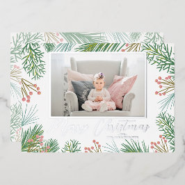 Pines Berries Navy Blue Kerstfoto Folie Feestdagenkaart