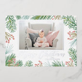 Pines Berries Navy Blue Kerstfoto Folie Feestdagenkaart (Voorkant)