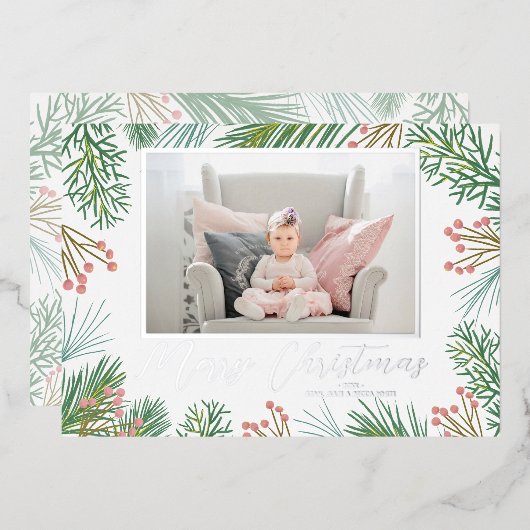 Pines Berries Navy Blue Kerstfoto Folie Feestdagenkaart (Voorkant / Achterkant)