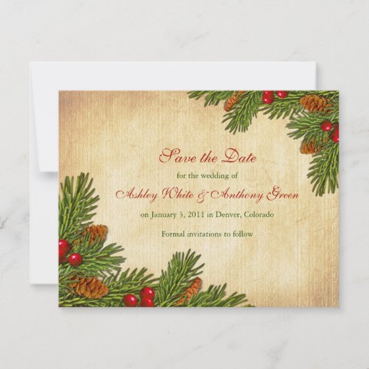 Pines Boughs Holiday Winter Wedding Save the Date (Voorkant)
