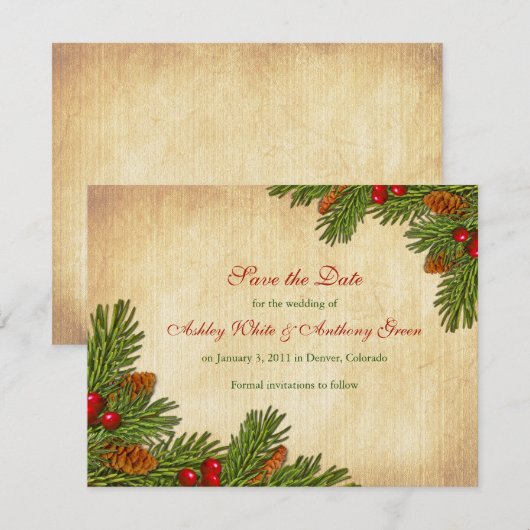 Pines Boughs Holiday Winter Wedding Save the Date (Voorkant / Achterkant)
