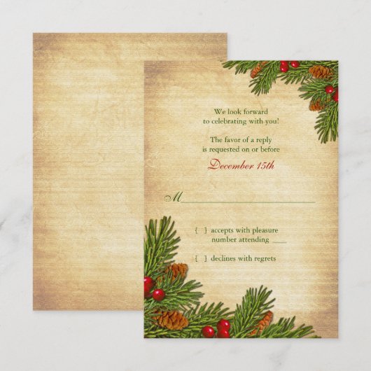 Pines kocht vakantie winter bruiloft RSVP-kaart RSVP Kaartje (Voorkant / Achterkant)
