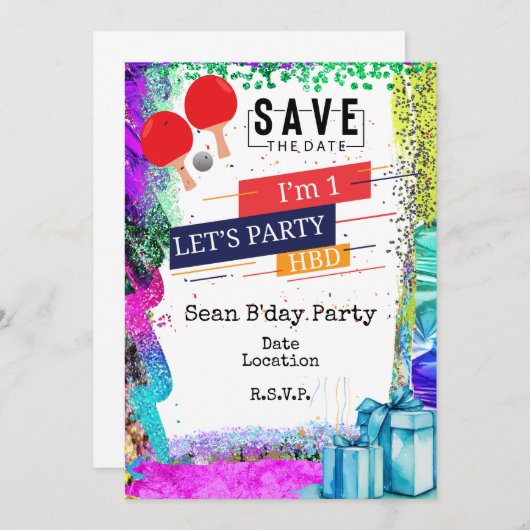 Ping Pong 1e verjaardagsfeestje Save date Kaart (Voorkant / Achterkant)