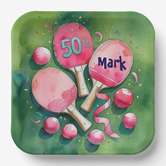 Ping pong 50e verjaardag met nummer 50 papieren bordje (Voorkant)