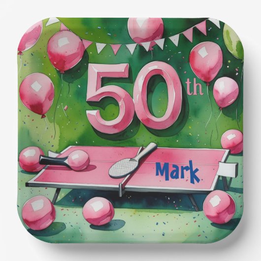 Ping pong 50e verjaardag met nummer 50 papieren bordje (Voorkant)